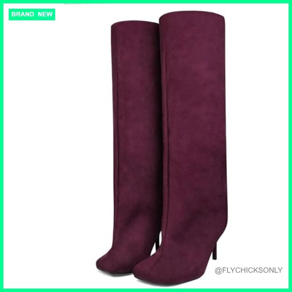 Wide Calf Suede Knee High Boots Square Toe Slouchy Fashion Booties